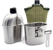 Load image into Gallery viewer, 0.5L 1L Stainless Steel Military-type Canteen w/ Stainless Cup and Green Cover
