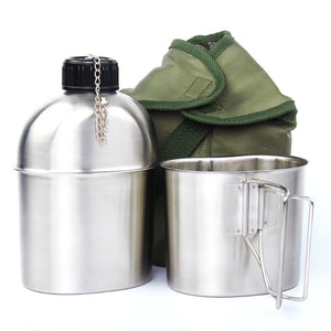 0.5L 1L Stainless Steel Military-type Canteen w/ Stainless Cup and Green Cover