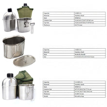 Load image into Gallery viewer, 0.5L 1L Stainless Steel Military-type Canteen w/ Stainless Cup and Green Cover
