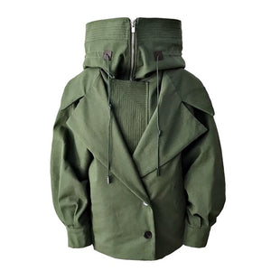 Nerazzurri Women's Oversized Army-Green Black Zip Up Trench Coat with Hood Long Sleeves - maxoutdoorgearandgadgets